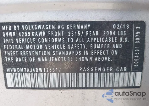 2013 Volkswagen Golf 2.0L Tdi 4-Door из США, поврежденный, VIN WVWDM7AJ4DW125317